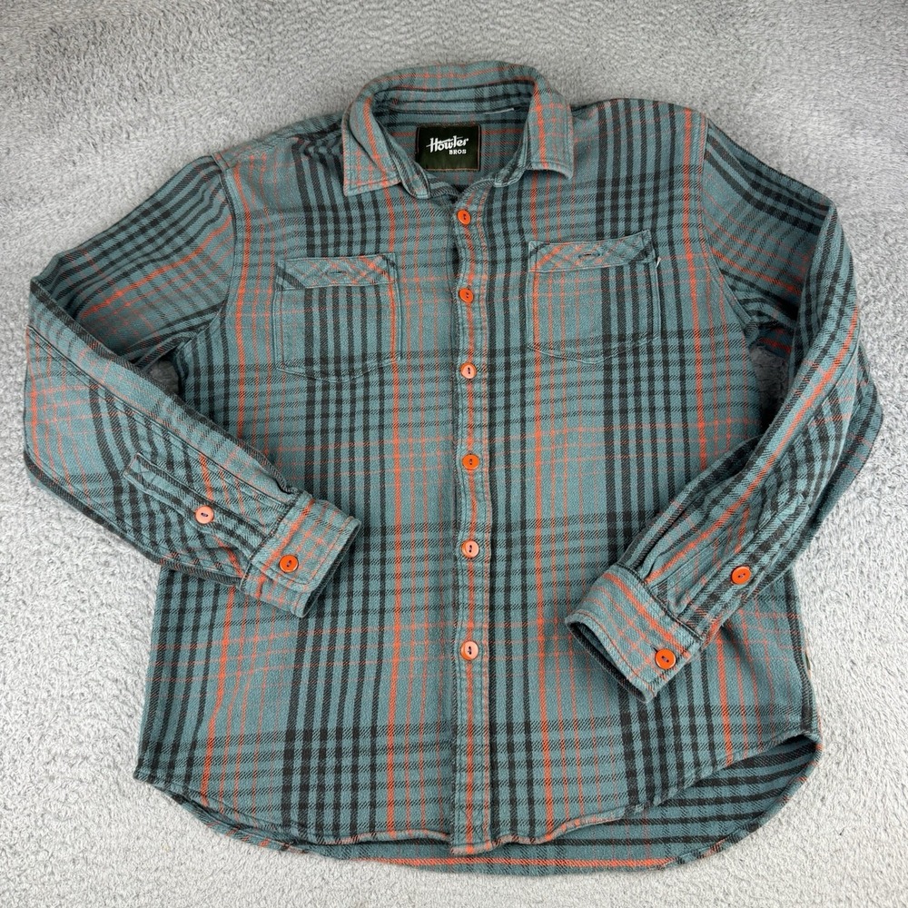 Howler Bros Mens M Plaid Flannel Shirt Teal Orange Cotton Button Down Heavy